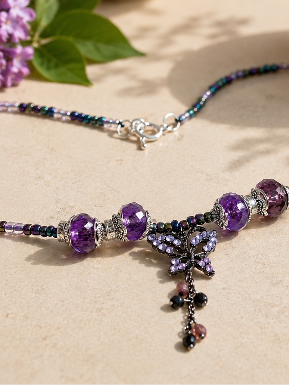 Purple Crystal Beaded Necklace with Butterfly Pendant - Women's Jewelry